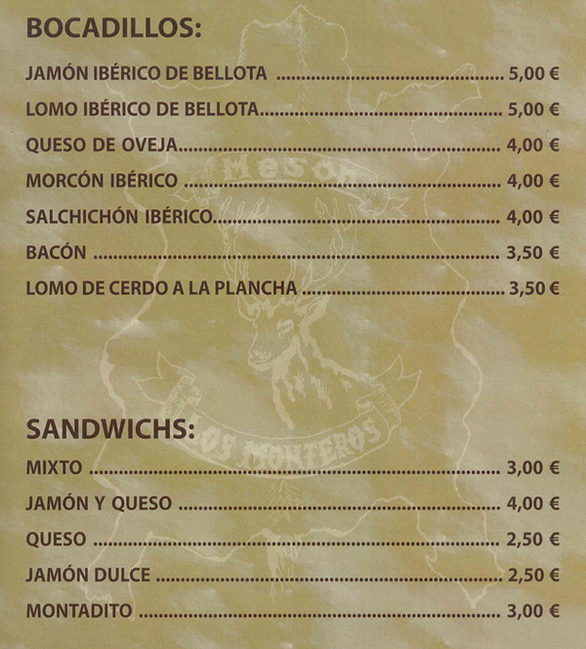 Bocadillos y Sandwiches de Mes&oacute;n Los Monteros