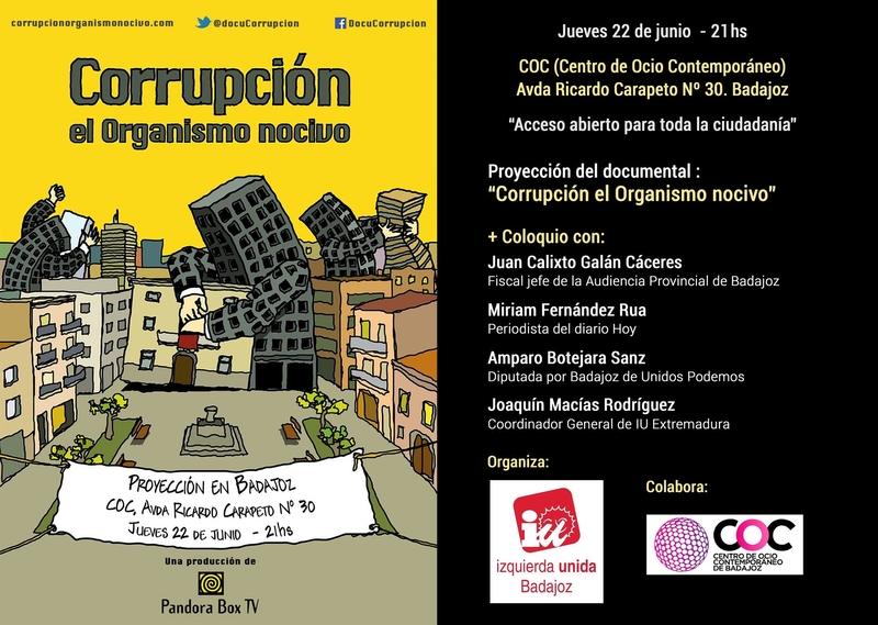 IU Badajoz proyectará este jueves un documental sobre corrupción con testimonios de personas de ámbitos de poder
