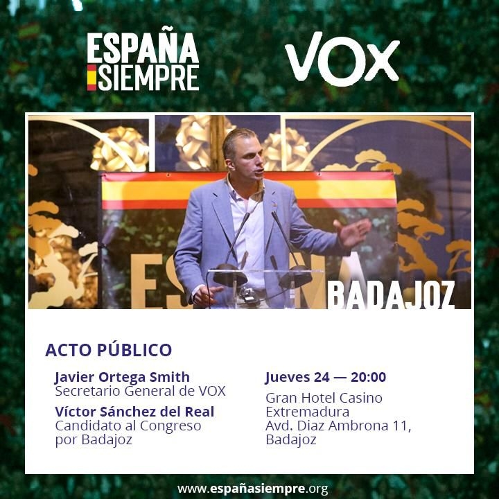 Javier Ortega Smith participará en un acto publico de VOX en Badajoz