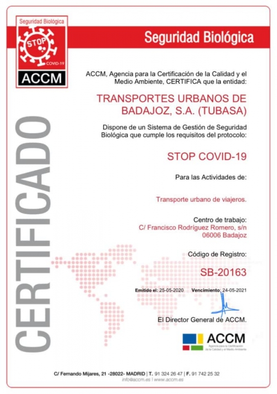 El Transporte Urbano de Badajoz ya cuenta con la certificación de Seguridad Biológica, STOP COVID-19