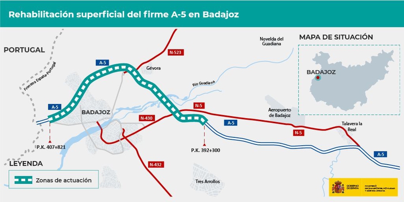 Mitma formaliza por 14,3 millones de euros las obras de rehabilitación del firme de la A-5 en el entorno de Badajoz 
