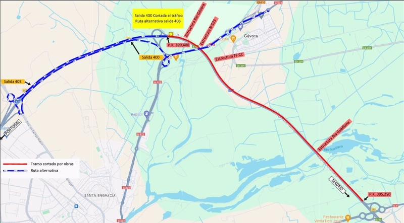 La salida 400 de la autovía A-5 en Badajoz se corta este martes al tráfico por obras durante un mes