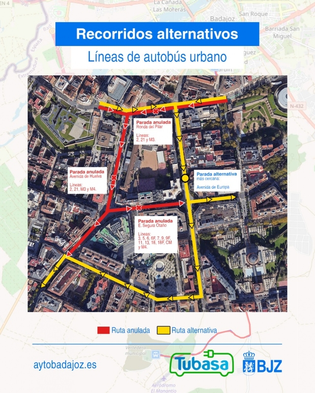 Cambio temporal de las rutas de autobús urbano con paso por la avenida de Huelva